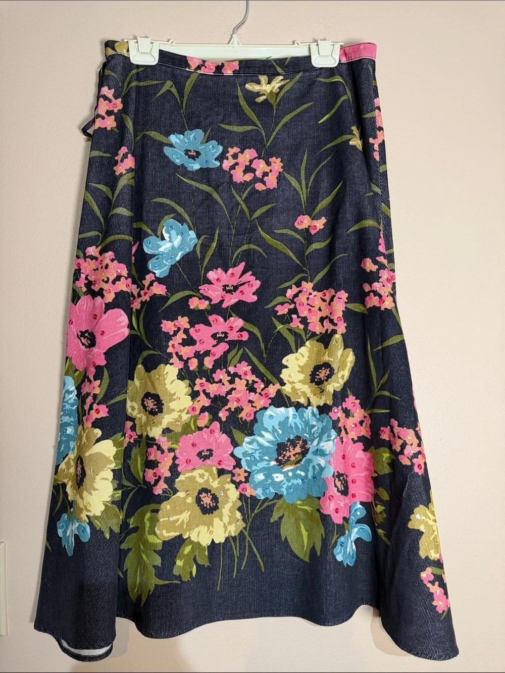 Anne Klein Navy A-Line Midi Skirt with Pink, Blue & Green Floral Print sequin
